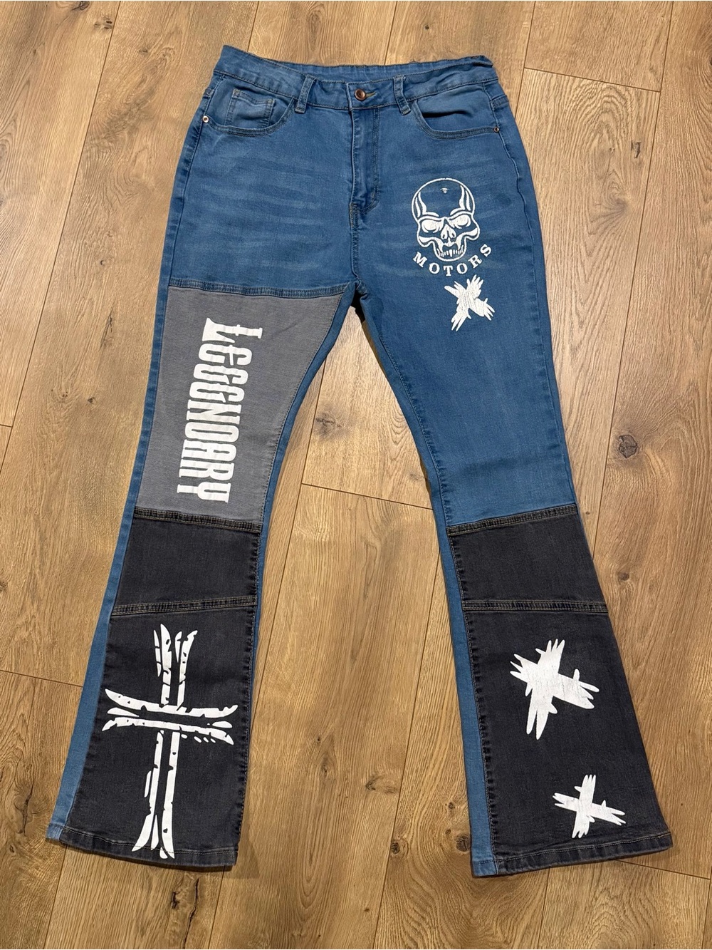 Womens XL Blue Denim Jeans Motorcycle Graphic Print Stretch 5-Pocket 31x30